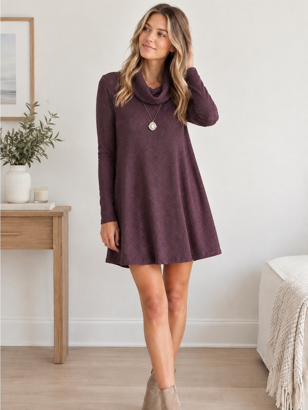 Maroon Plum Turtleneck Sweater Dress • Cozy Knit Mini Dress Fall Cabincore Dress